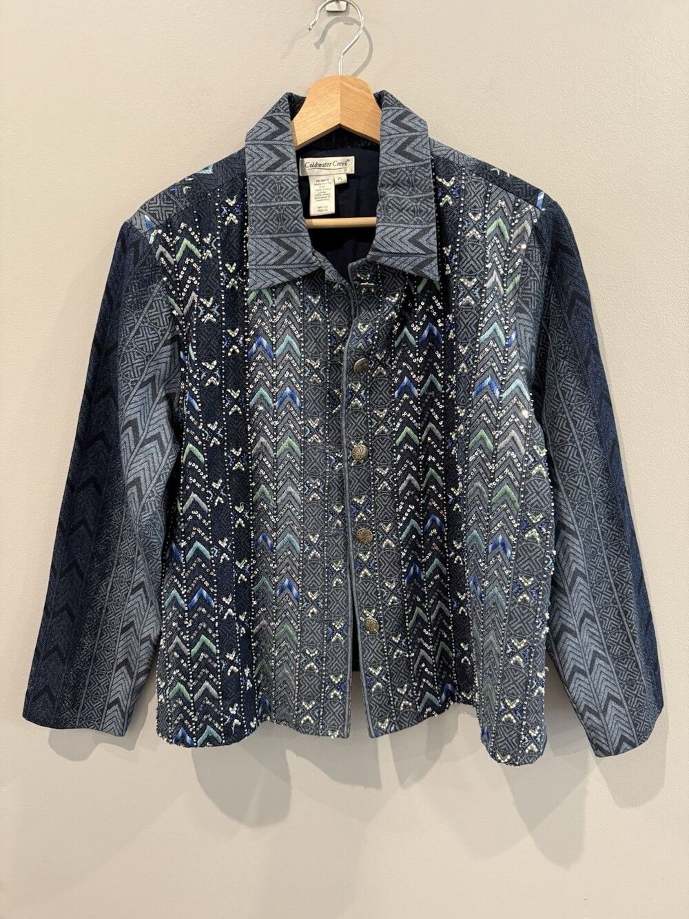 Coldwater Creek Blue Beaded Embroidered Jacket PL Aztec Southwestern 100% Cotton